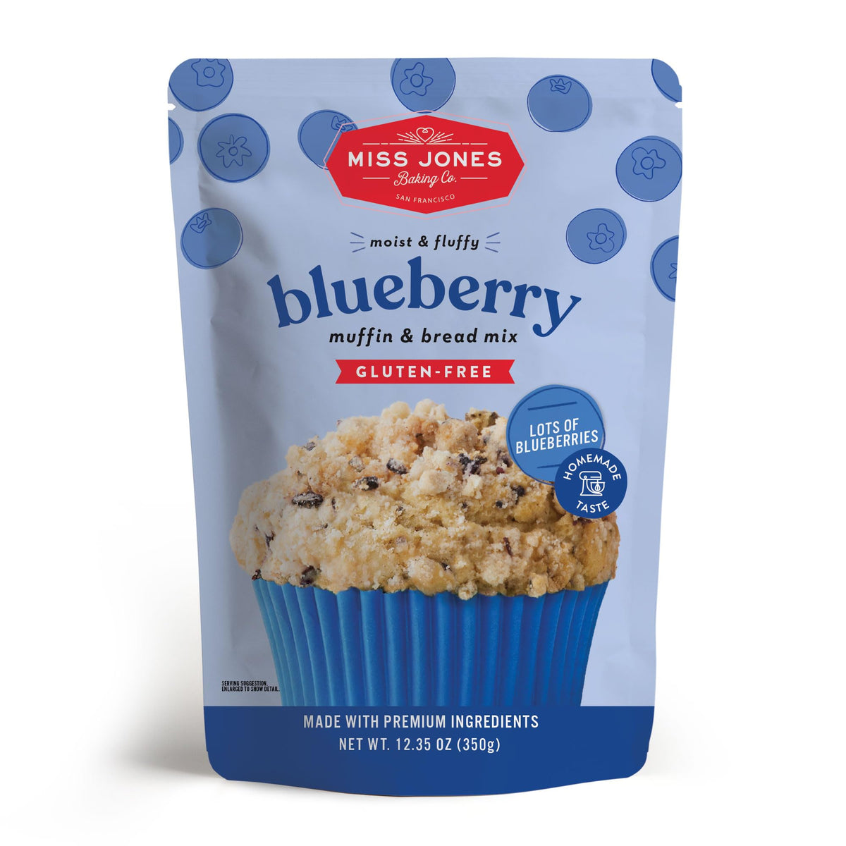 Miss Jones Baking gluten-free blueberry muffin mix pack with real blueberries for a quick breakfast.