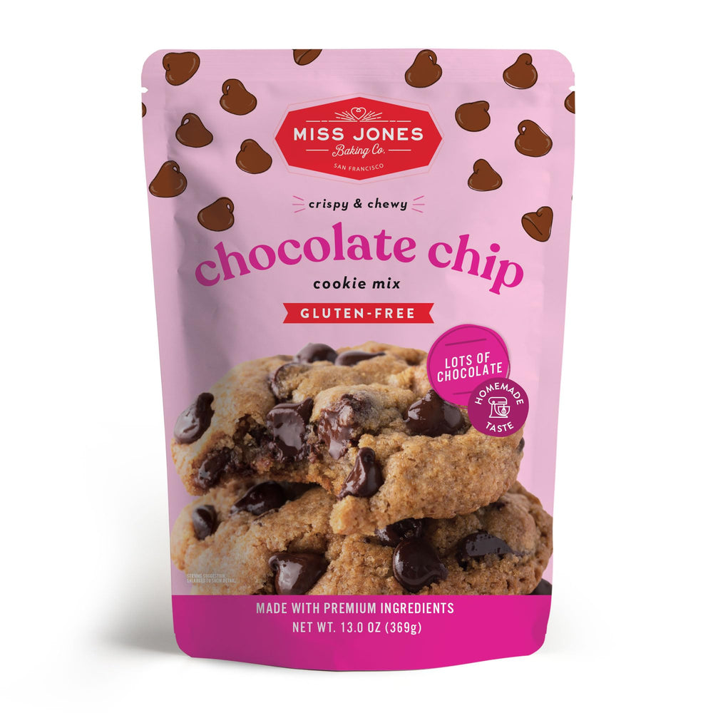 Miss Jones Baking gluten-free chocolate chip cookie mix box on counter for gluten-free baking