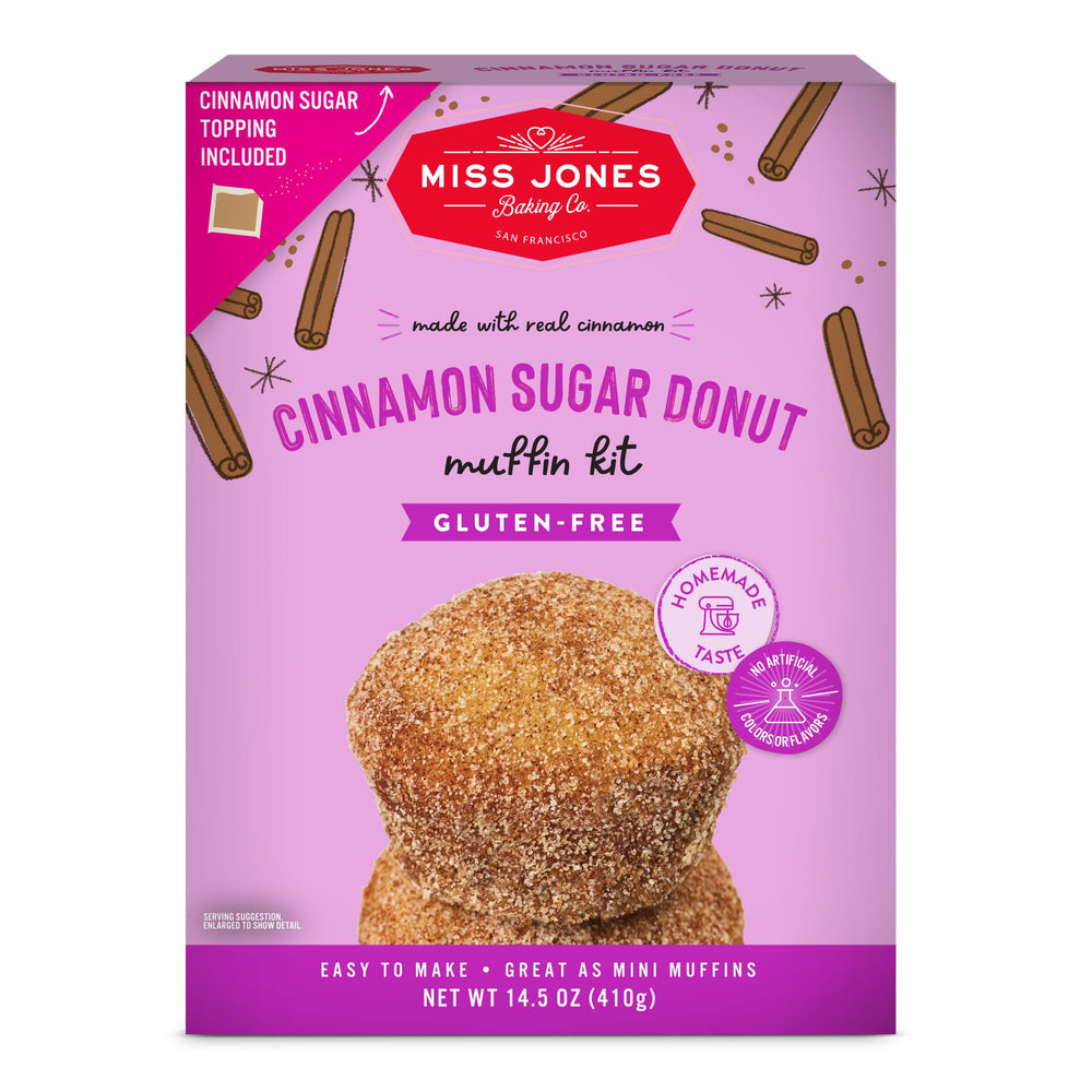 Miss Jones Gluten-Free Cinnamon Sugar Donut Muffin Kit box highlights easy at-home baking with bakery-style flavor