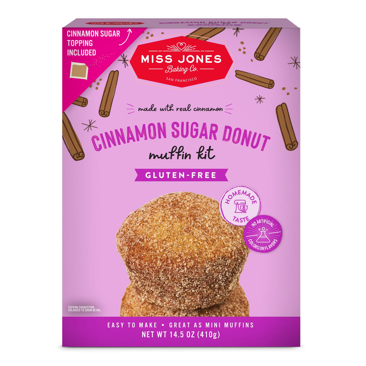 Miss Jones Gluten-Free Cinnamon Sugar Donut Muffin Kit box highlights easy at-home baking with bakery-style flavor