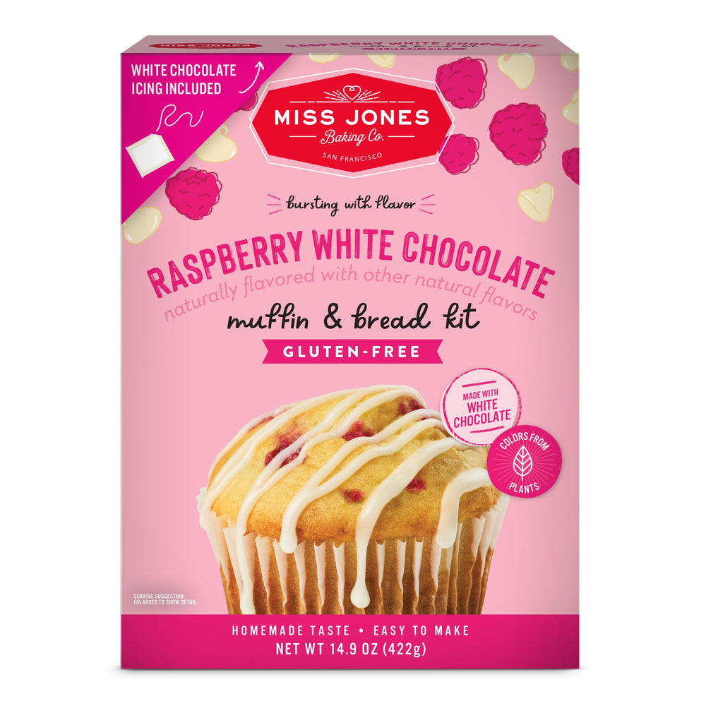 Miss Jones Baking gluten-free raspberry muffin kit packaging for busy mornings.