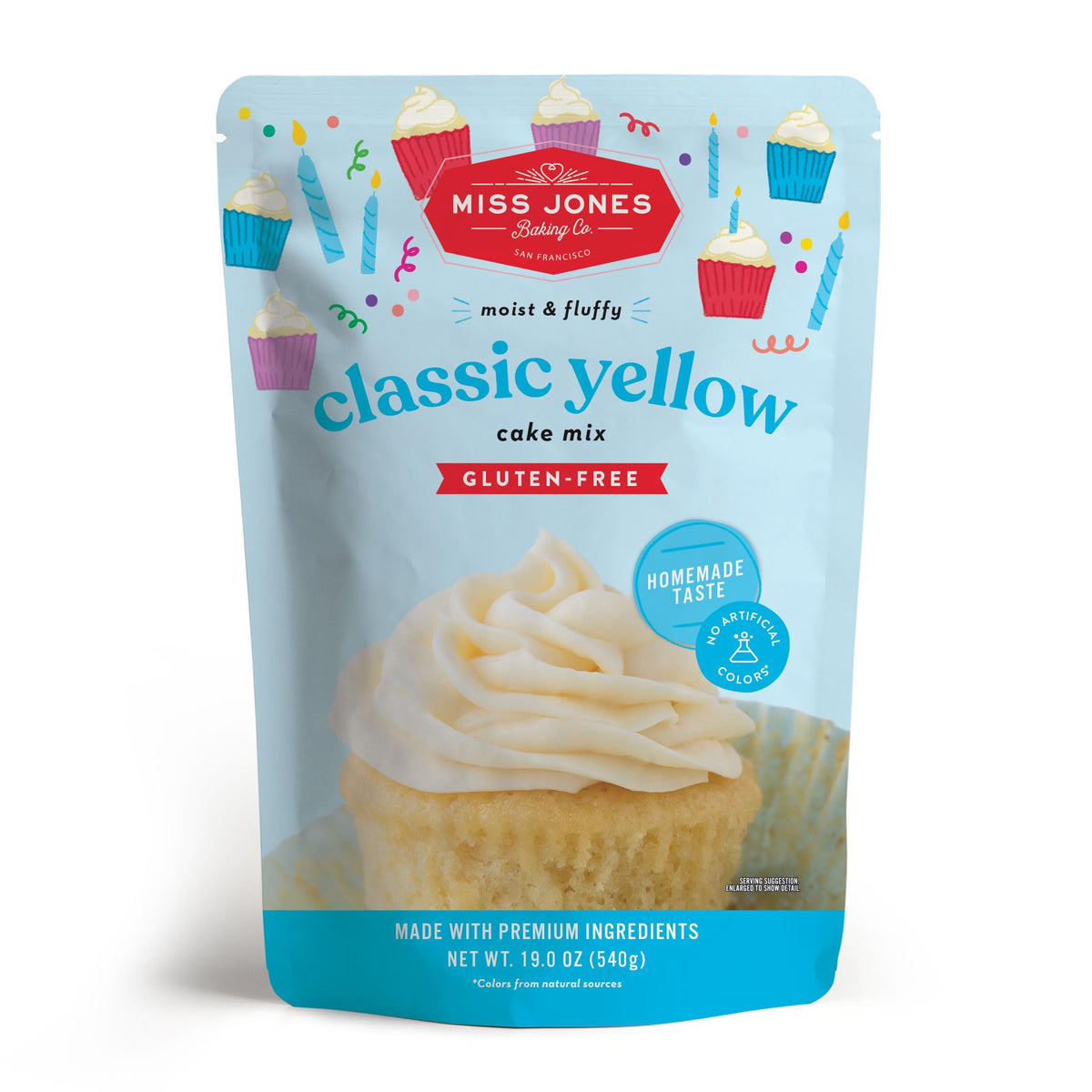 Miss Jones Baking gluten-free yellow cake mix front view, premium ingredients highlighted.