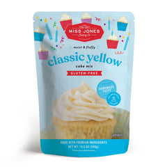 Miss Jones Baking gluten-free yellow cake mix front view, premium ingredients highlighted.