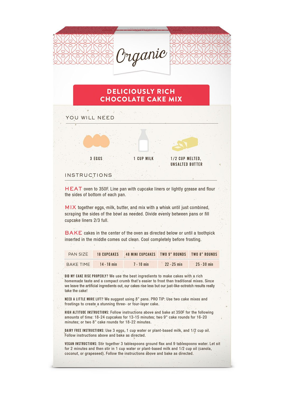 Miss Jones Organic Chocolate Cake Mix label highlights organic and non-GMO