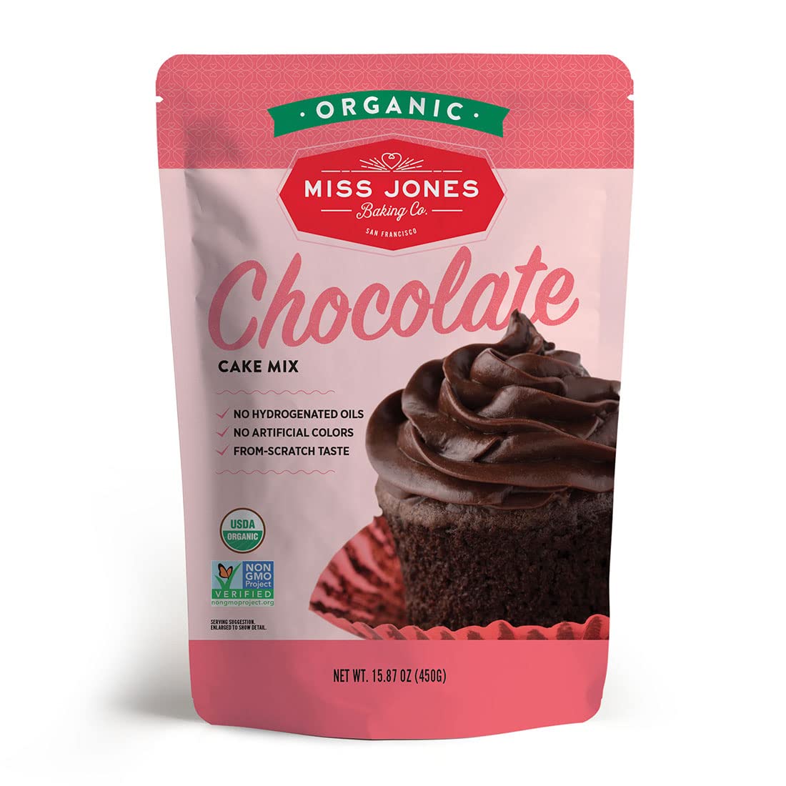 Miss Jones Baking Organic Chocolate Cake Mix package on counter, ready to bake