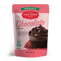 Miss Jones Baking Organic Chocolate Cake Mix package on counter, ready to bake