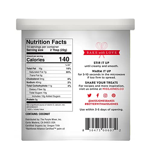 Miss Jones organic non-GMO ingredients delivering creamy cream cheese frosting flavor.