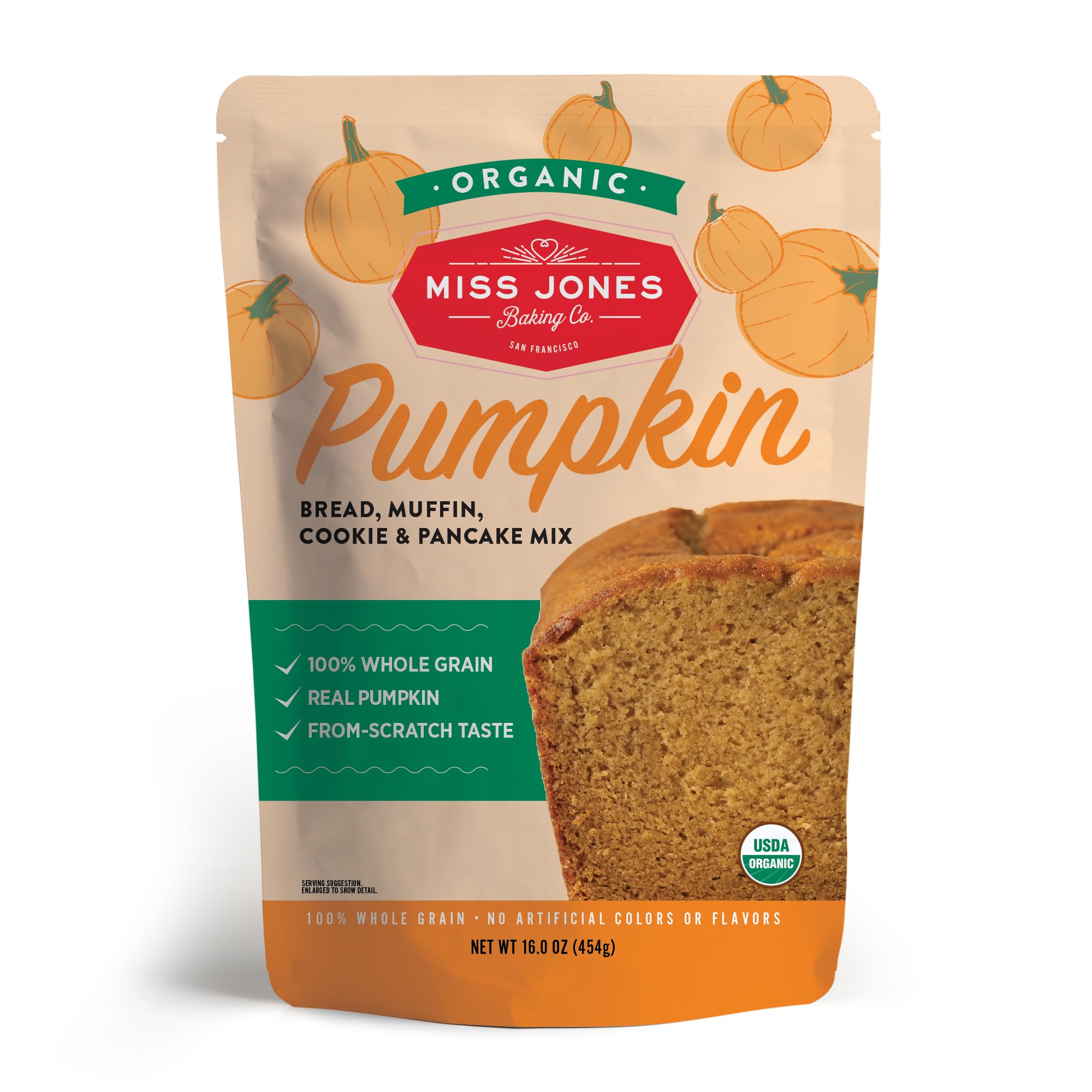 Miss Jones Baking Organic Pumpkin Bread Muffin Mix 16oz packaging showcasing premium ingredients for cozy fall baking.
