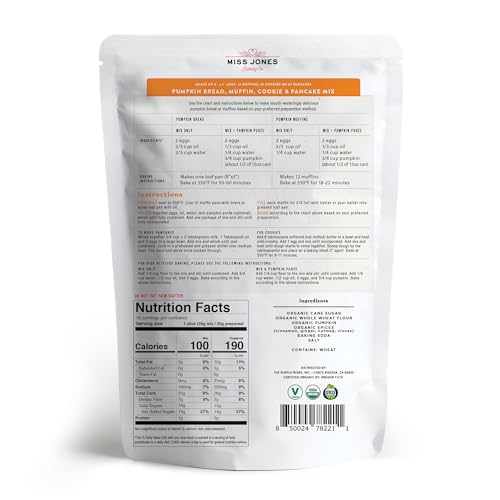 Miss Jones Baking Organic Pumpkin Bread Muffin Mix label with ingredients list for wholesome kitchen use.