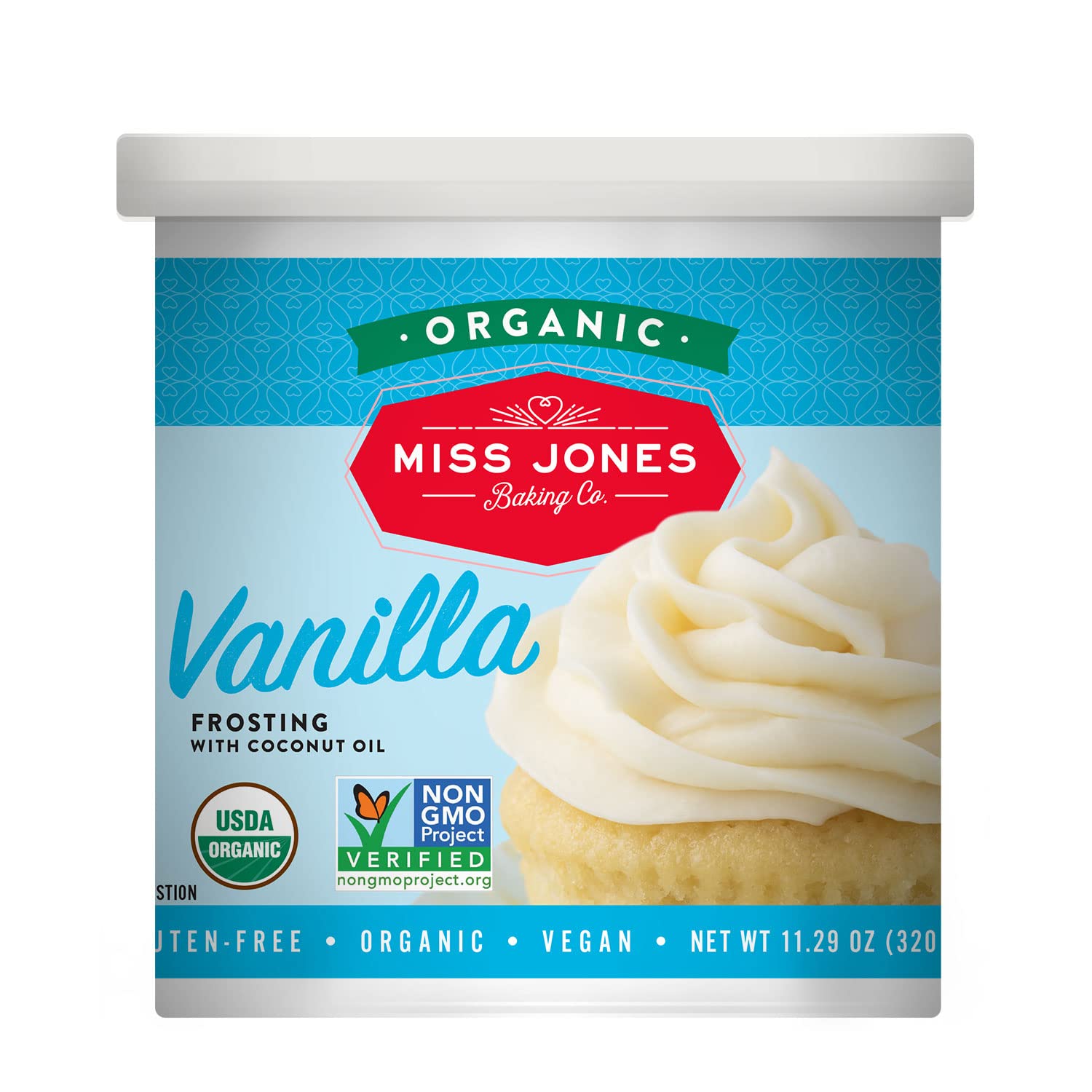 Miss Jones Baking Organic Vanilla Buttercream Frosting packaging shows vegan label and clean ingredients.