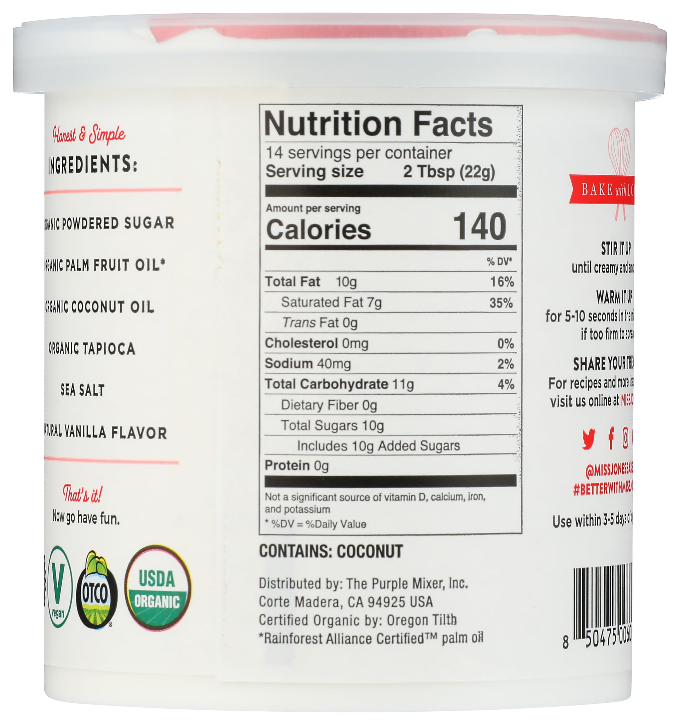 Miss Jones Baking organic vanilla frosting jar, smooth texture for cake decorating.