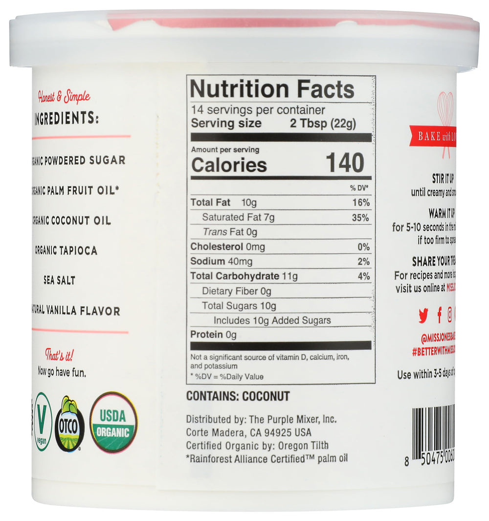 Miss Jones Baking organic vanilla frosting jar, smooth texture for cake decorating.