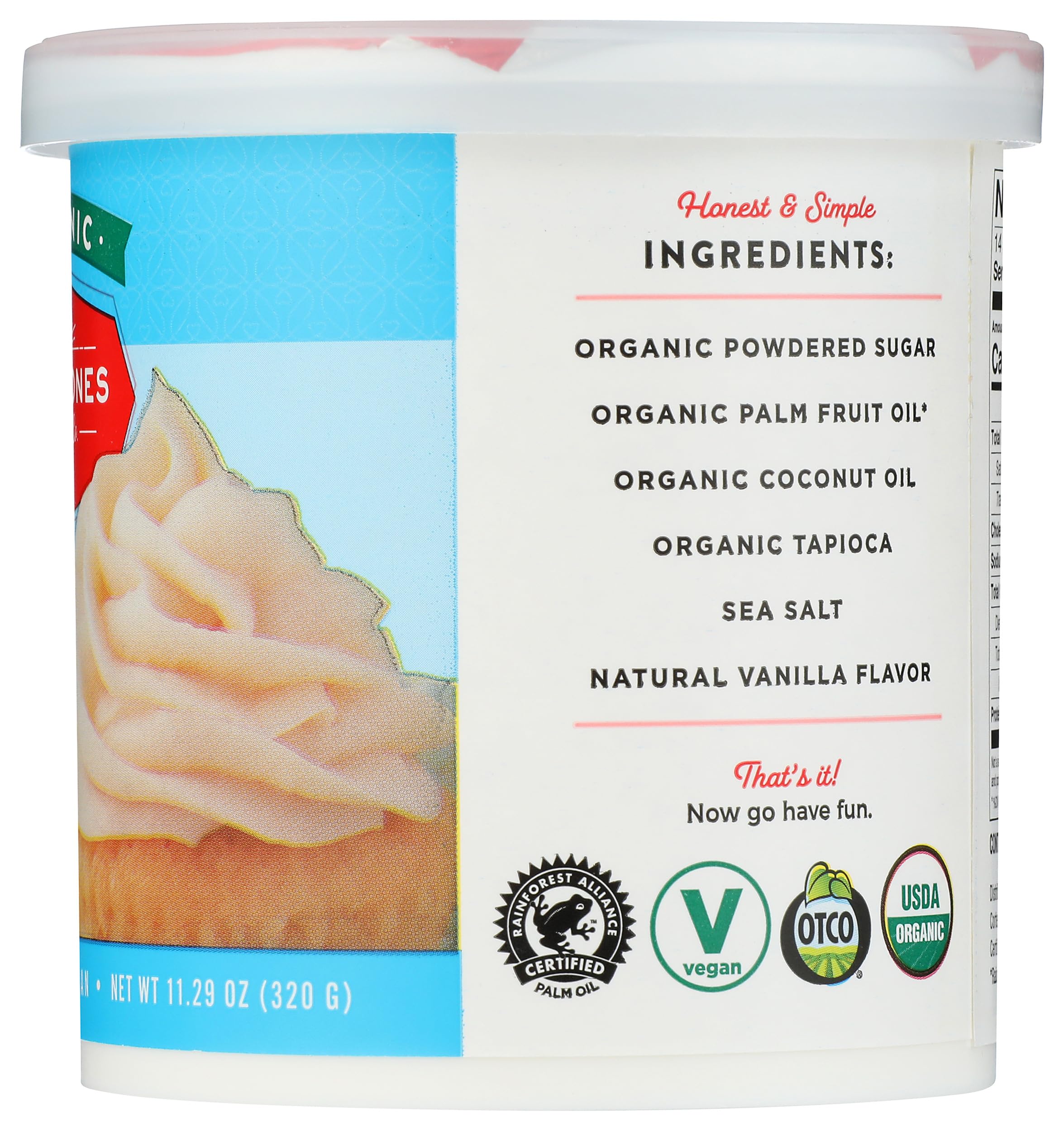 Miss Jones Baking frosting tub, no hydrogenated oils, clean flavor.