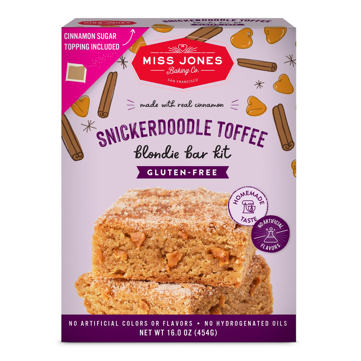 Miss Jones Baking Snickerdoodle Blondie Bar Kit front box for easy gluten-free baking.
