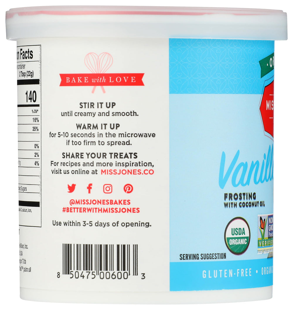 Miss Jones Baking vanilla buttercream frosting jar, silky piping designs.