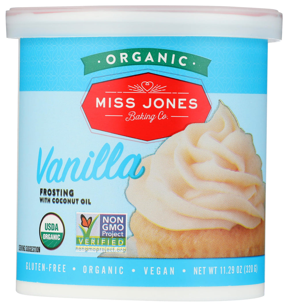 Miss Jones Baking vanilla buttercream frosting jar, creamy texture for cake decorating.