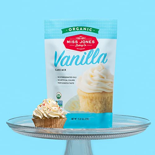 Miss Jones vanilla cake batter being poured suggesting quick from-scratch flavor