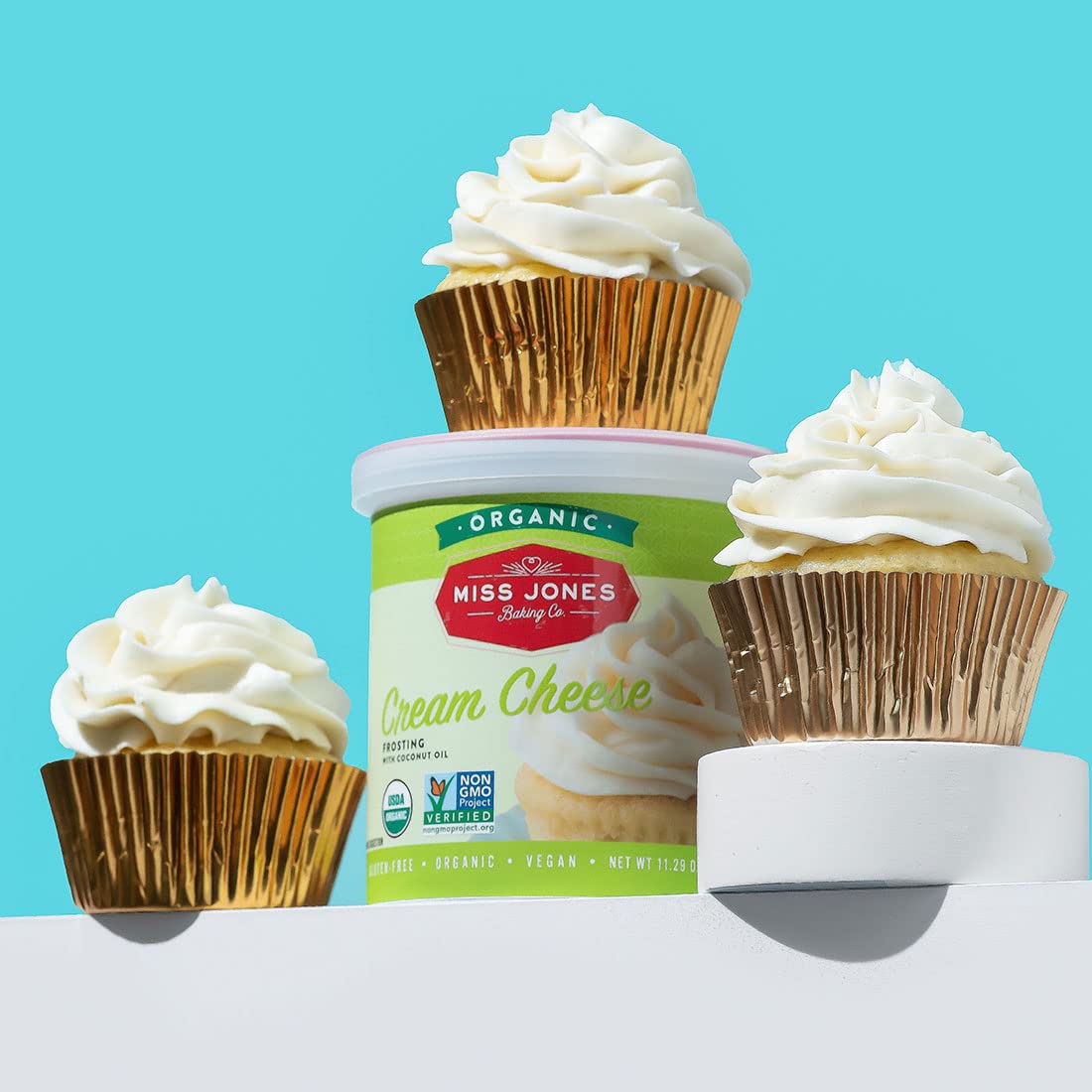 Miss Jones vegan-friendly, gluten-free, dairy-free frosting for diverse diets.