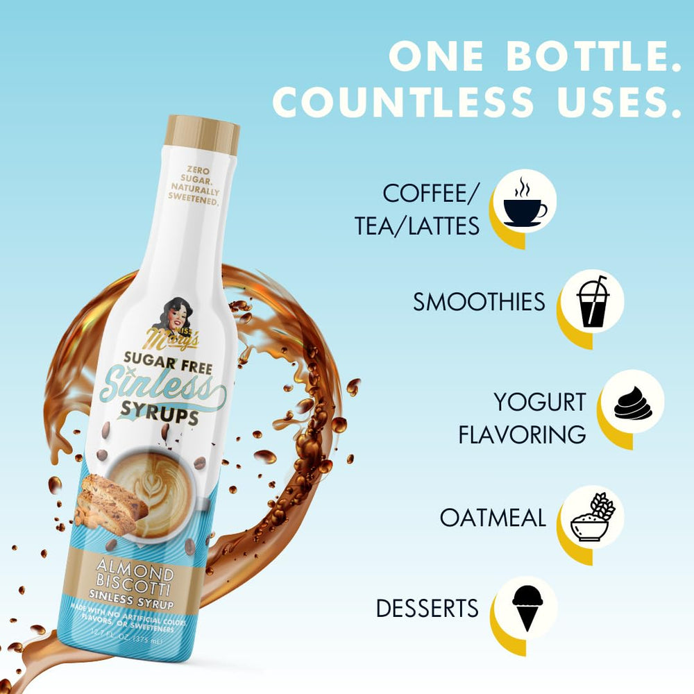 Miss Mary’s Almond Biscotti Syrup ingredients close-up, natural sweeteners for keto-friendly flavor