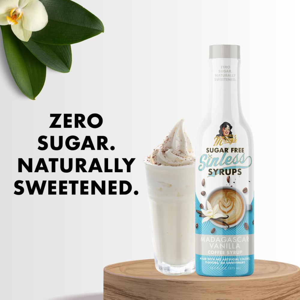 Miss Mary's Madagascar Vanilla Sugar Free Coffee Syrup label highlights natural ingredients