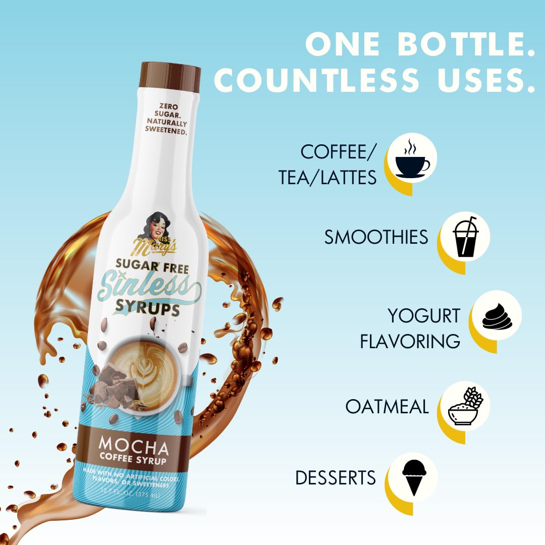 Miss Mary's Sinless Mocha Syrup over ice for refreshing iced coffee option.