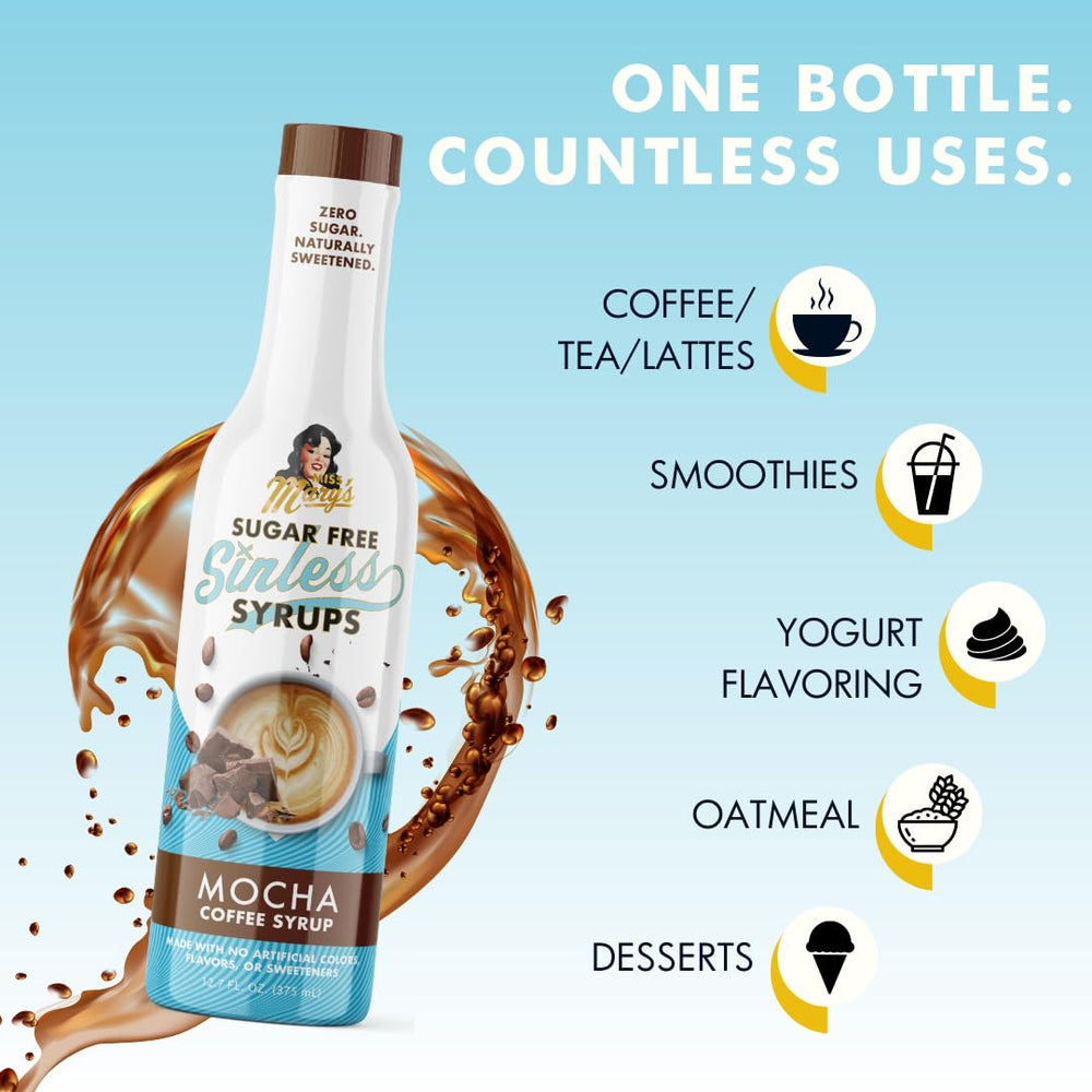Miss Mary's Sinless Mocha Syrup over ice for refreshing iced coffee option.