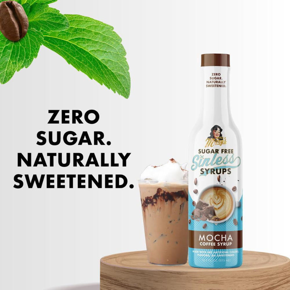 Miss Mary's Sinless Mocha Syrup label highlights monk fruit and stevia sweeteners.