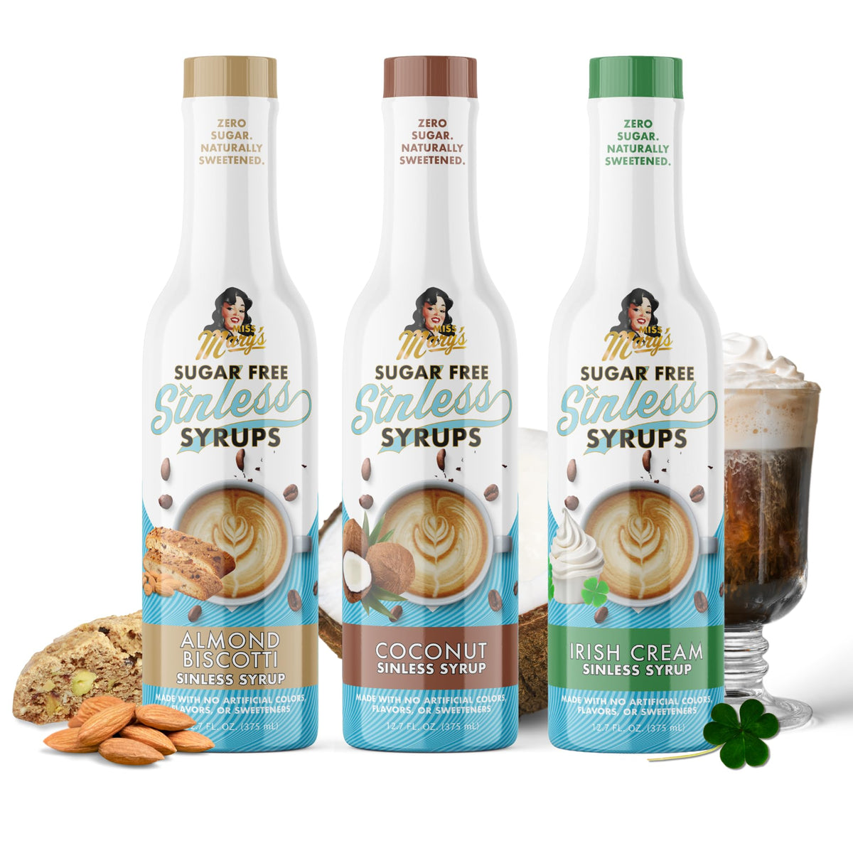 Miss Mary's Morning Elixir Almond Biscotti syrup bottle for keto-friendly drinks.