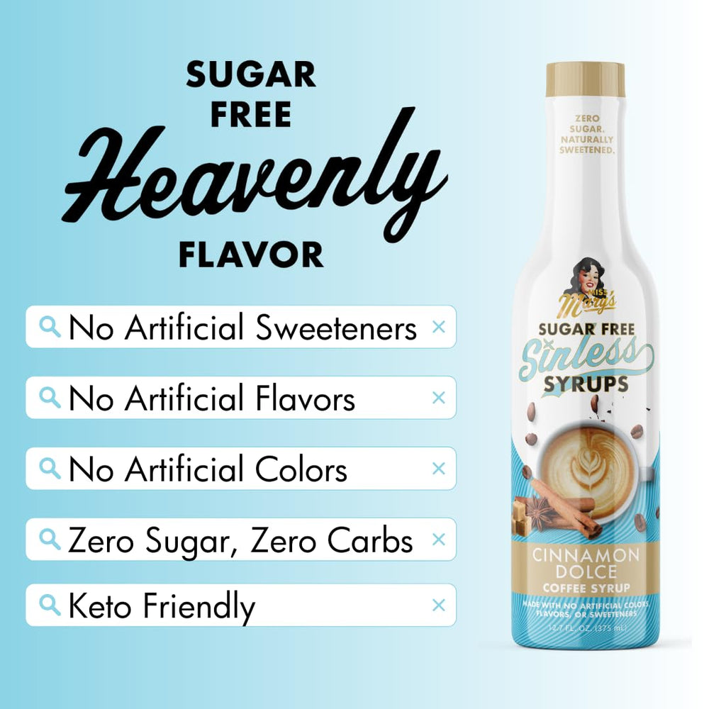 Miss Mary's Sinless Syrup Cinnamon Dolce on a cozy coffee bar for flavor lift