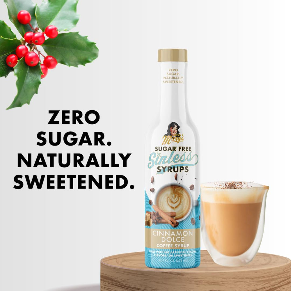 Miss Mary's Sinless Syrup Cinnamon Dolce ingredient closeup shows natural stevia and monk fruit