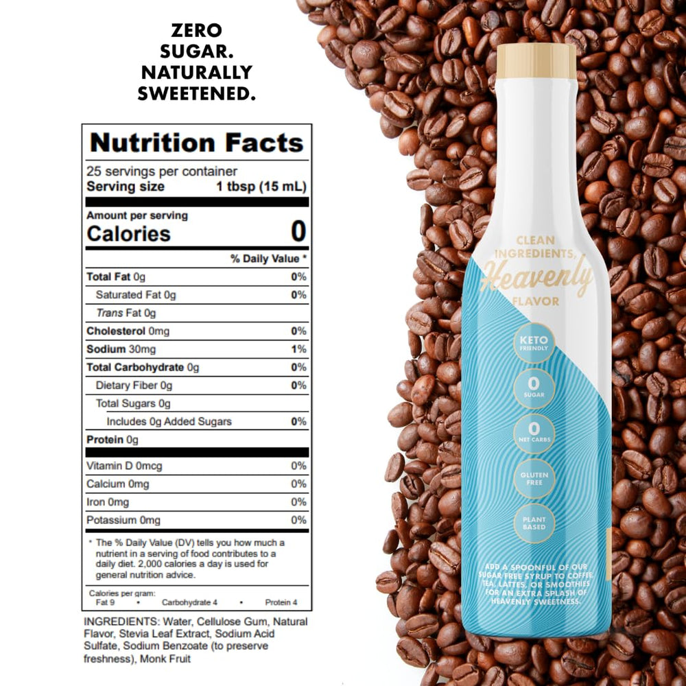 Miss Mary's Sinless Syrup ingredients label with monk fruit and stevia.