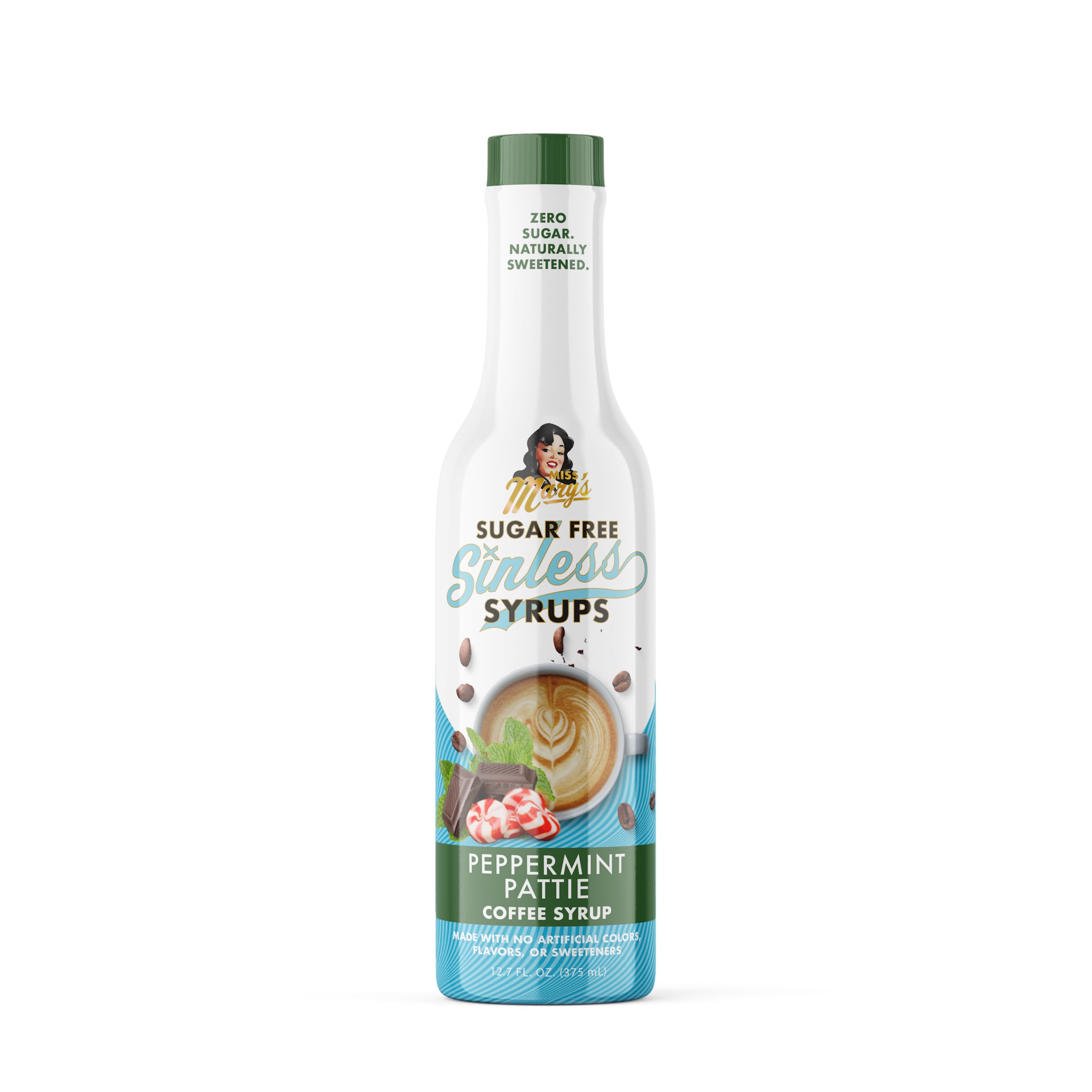 Miss Mary's Sinless Peppermint Pattie Syrup bottle showing sugar-free flavor and minty note