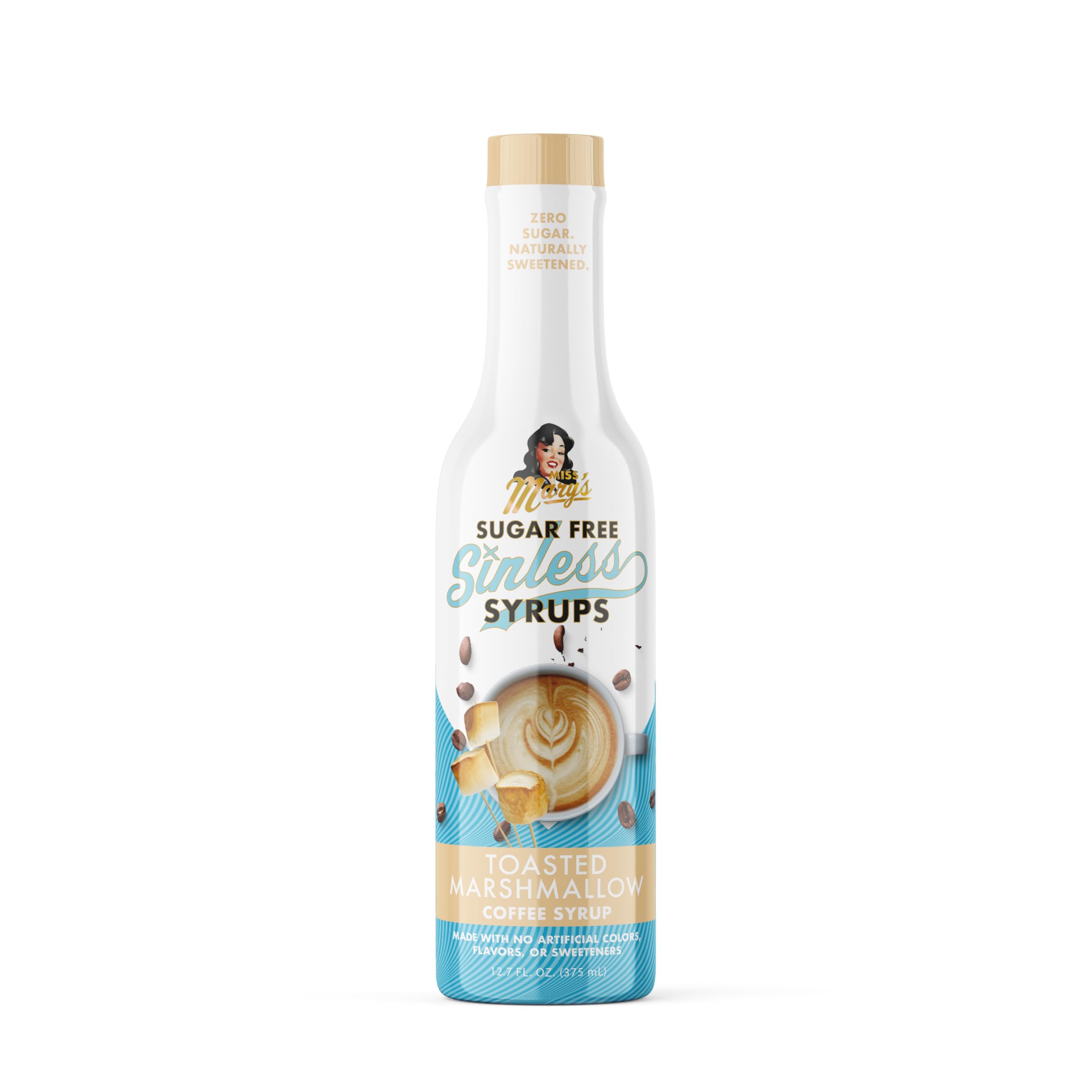 Miss Mary's Sinless Syrup toasted marshmallow packaging showing sugar-free label.