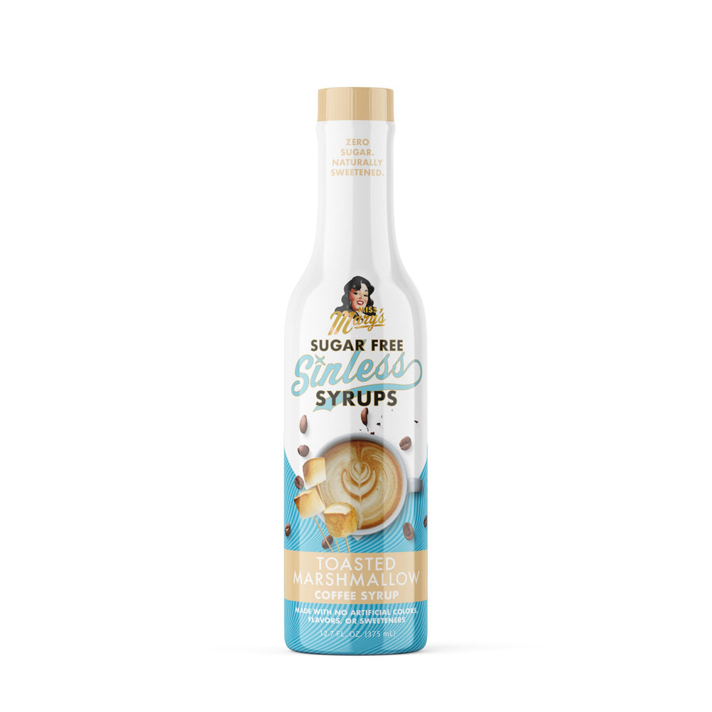 Miss Mary's Sinless Syrup toasted marshmallow packaging showing sugar-free label.