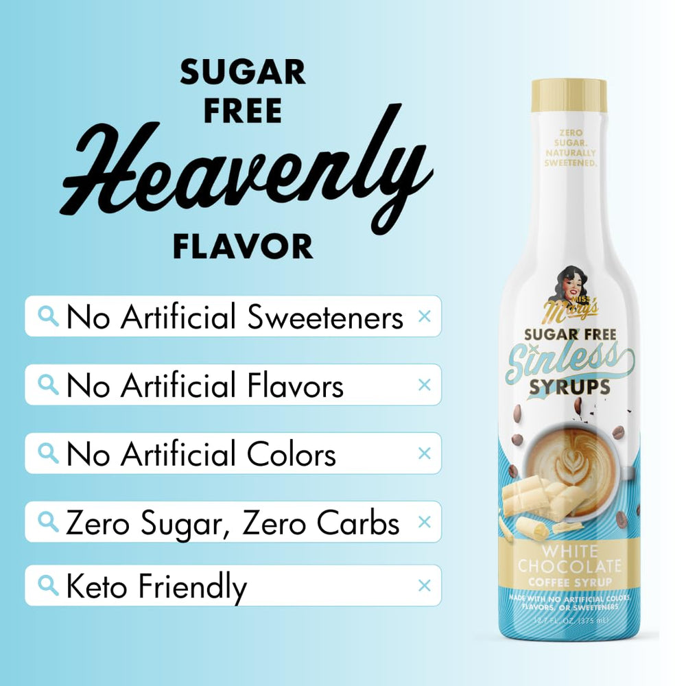 Miss Mary's Sinless Syrup packaging emphasizing sugar-free, natural ingredients