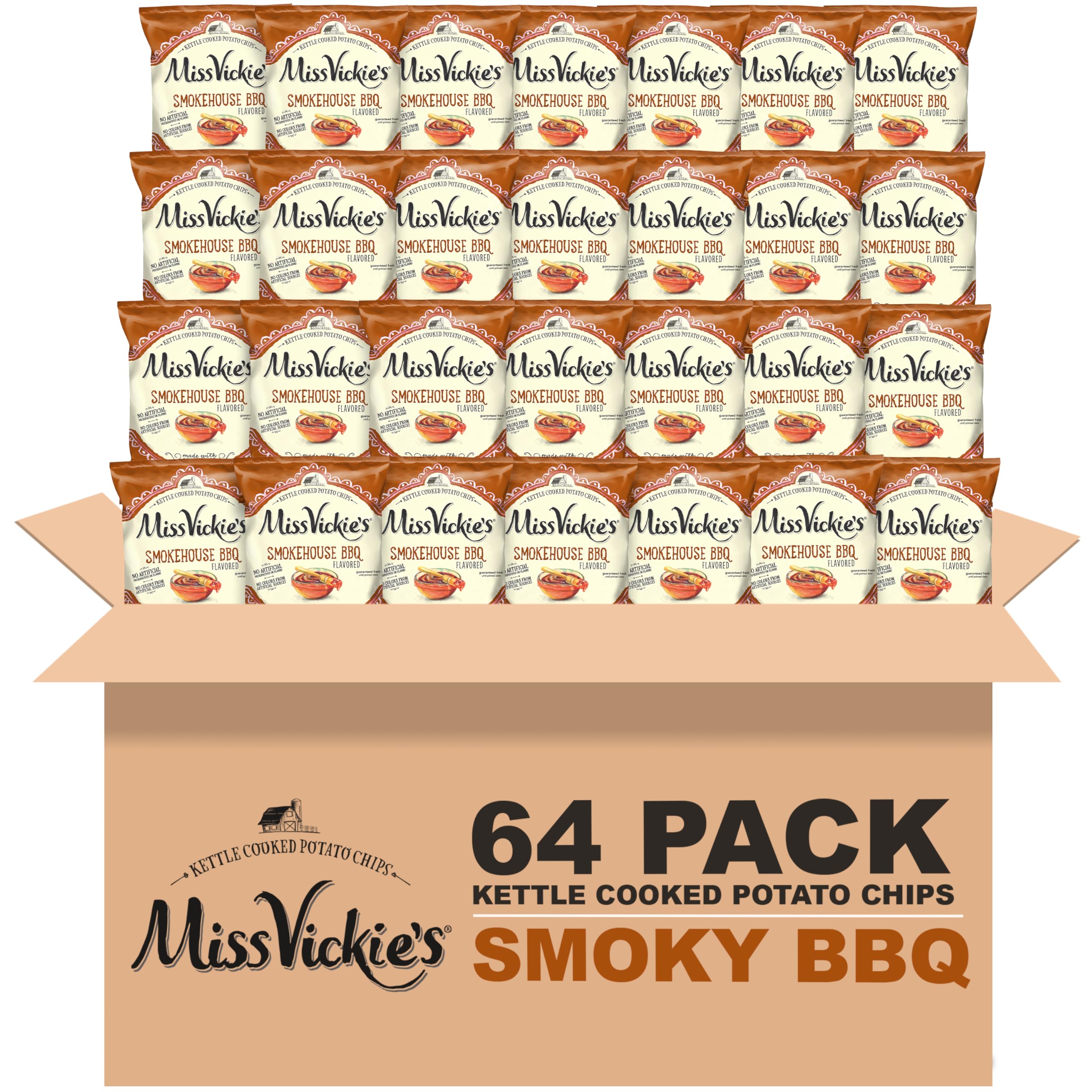 Miss Vickie's Smokehouse BBQ kettle chips front bag showing bold flavor.