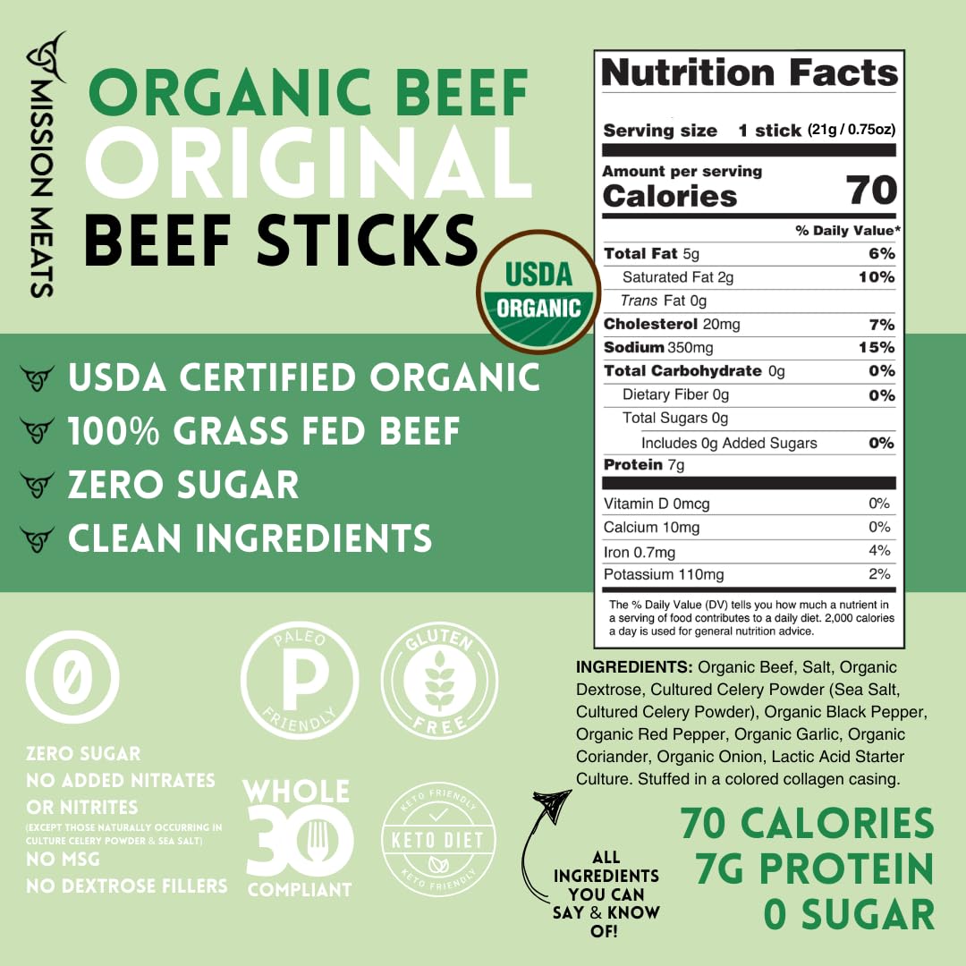 Mission Meats beef stick close-up shows organic ingredients and flavor.