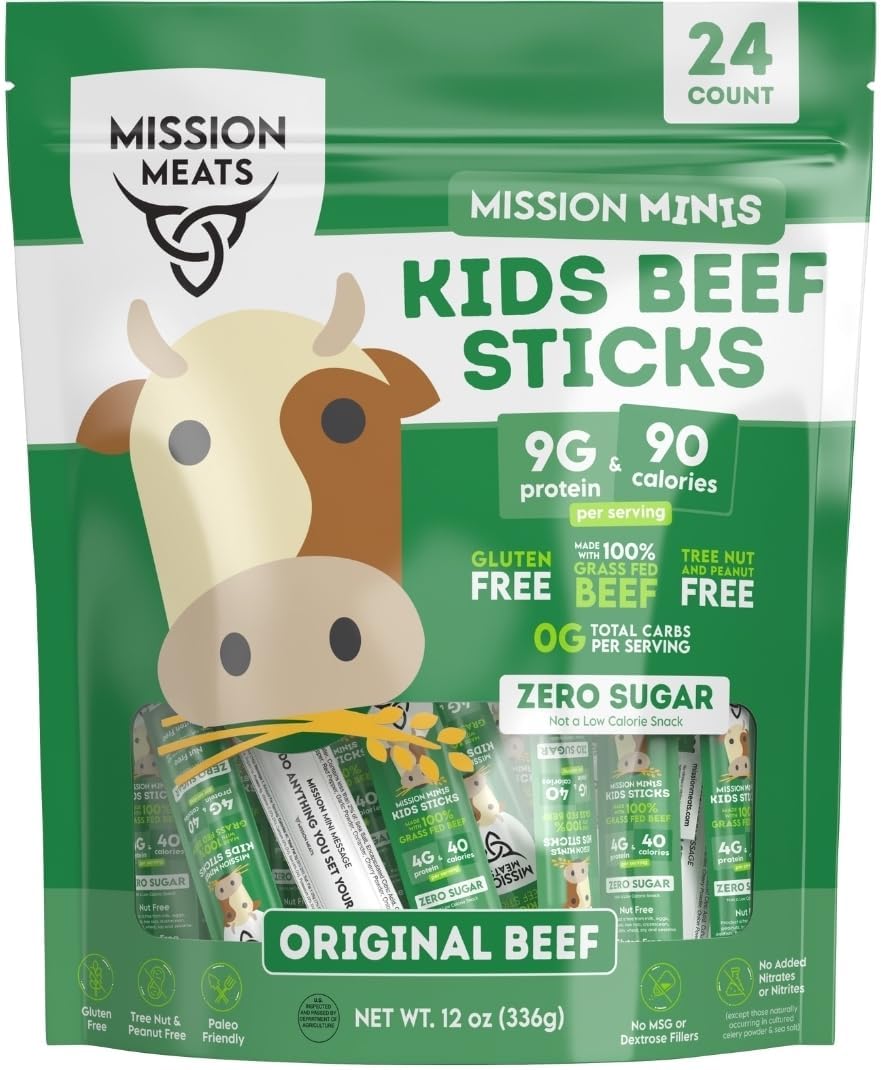Mission Meats Kids Beef Sticks 24-pack packaging closeup for grab-and-go snacks