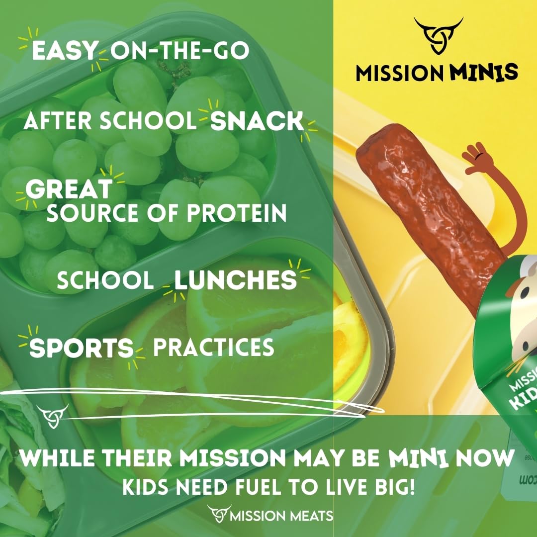 Mission Meats Kids Beef Sticks on a lunchbox for travel and on-the-go snacking