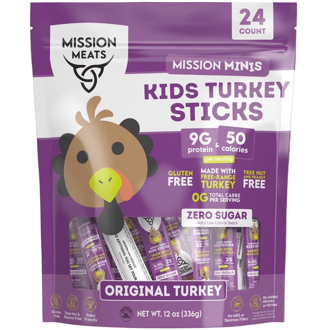 Mission Meats Kids Turkey Sticks bag ready-to-go snack for lunchboxes.