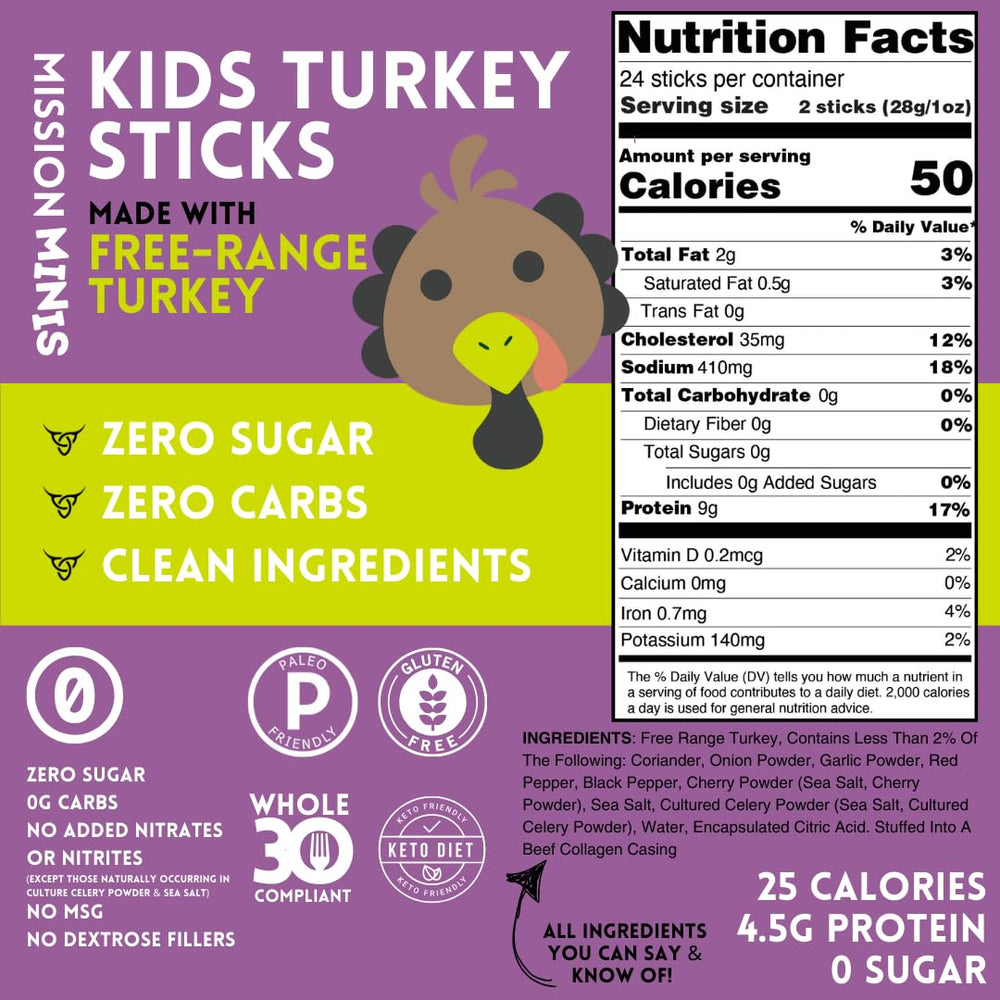 Mission Meats Kids Turkey Sticks close-up shows protein-rich, zero-sugar bite.