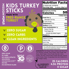 Mission Meats Kids Turkey Sticks close-up shows protein-rich, zero-sugar bite.