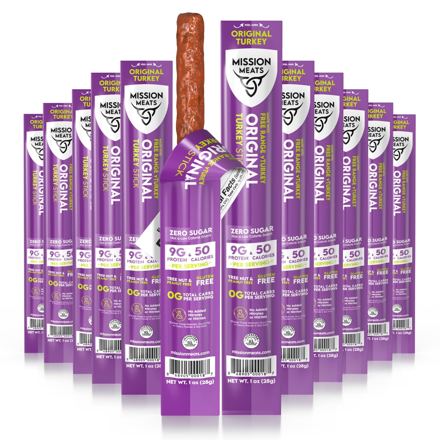 Mission Meats Original Turkey Sticks front label showcases savory protein.