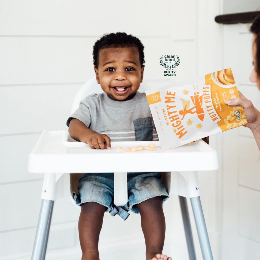 Babies starting solids and big kids enjoy Nutty Puffs as a wholesome bite.