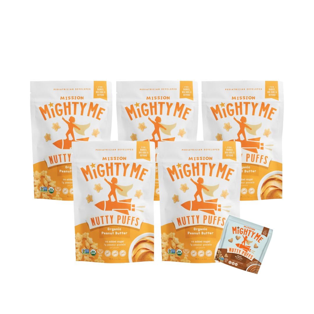 Mission Mighty Me Nutty Puffs front pack; organic, kid-friendly snack.