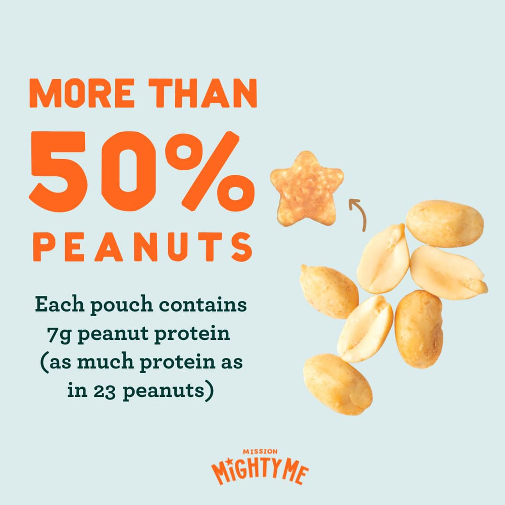 Mission Mighty Me Nutty Puffs ingredients close-up shows organic peanuts and sorghum.