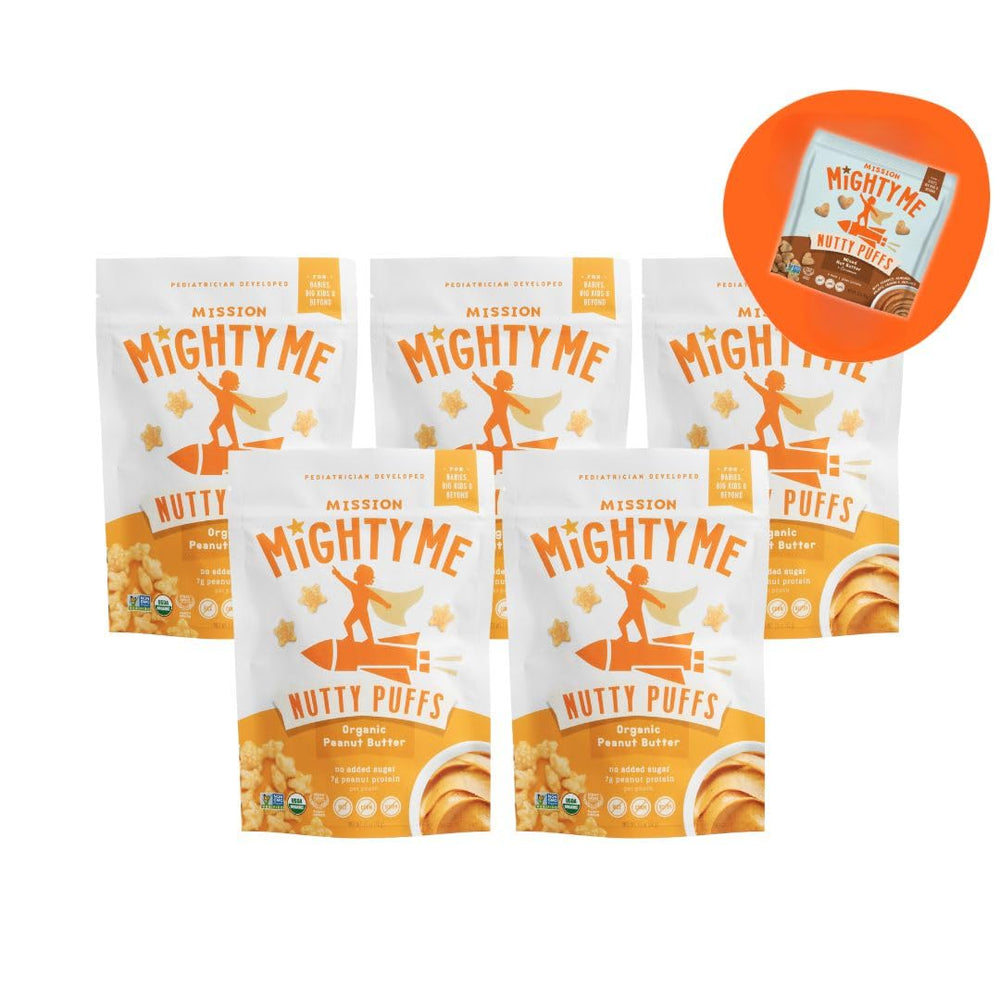 Mission Mighty Me Nutty Puffs on a kid's snack-time table; portable and convenient.