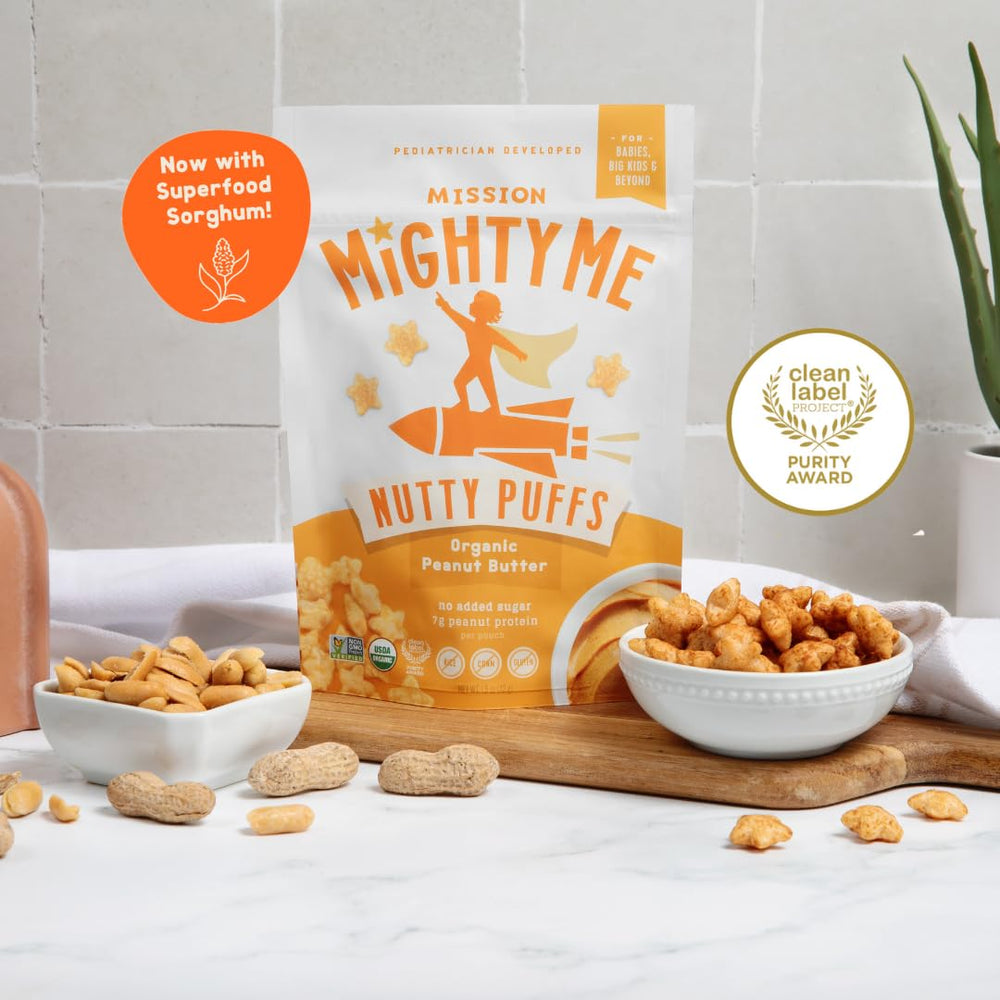 Mission Mighty Me Nutty Puffs melt-in-mouth texture highlights gentle dissolvability for little eaters.