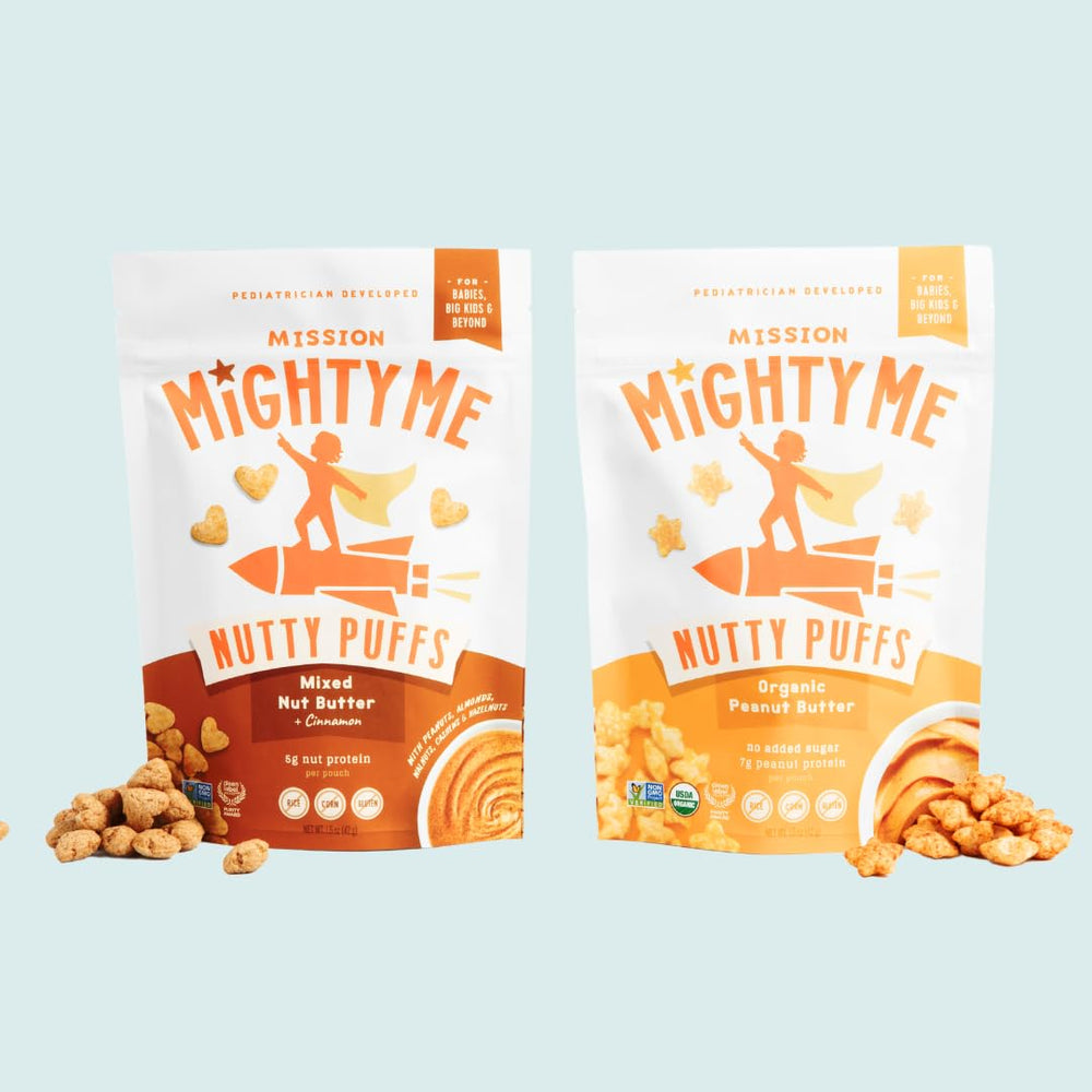Clean Label Project Purity Award badge on Mission Mighty Me Nutty Puffs.