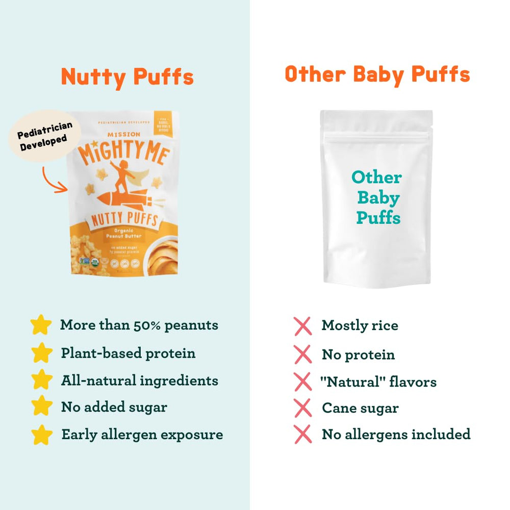 Vegan and gluten-free badges appear on Nutty Puffs packaging.